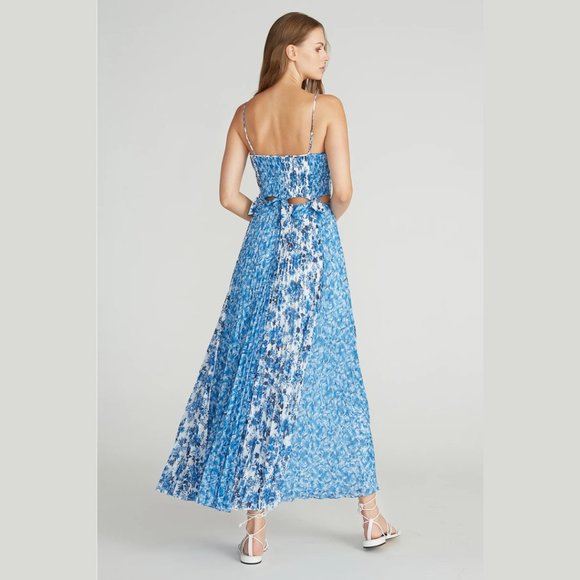 Amur Holland Tie Pleated Chiffon Maxi Spaghetti Strap Dress Blue Floral Print - Picture 3 of 13